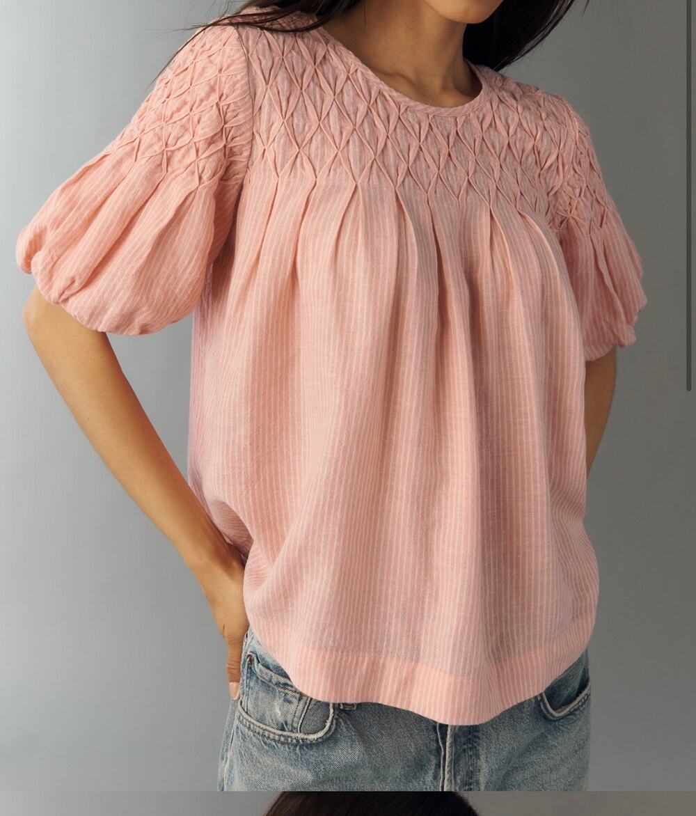 Anthropologie Liza Puff Sleeve Smocked Linen Top Pink Stripe M